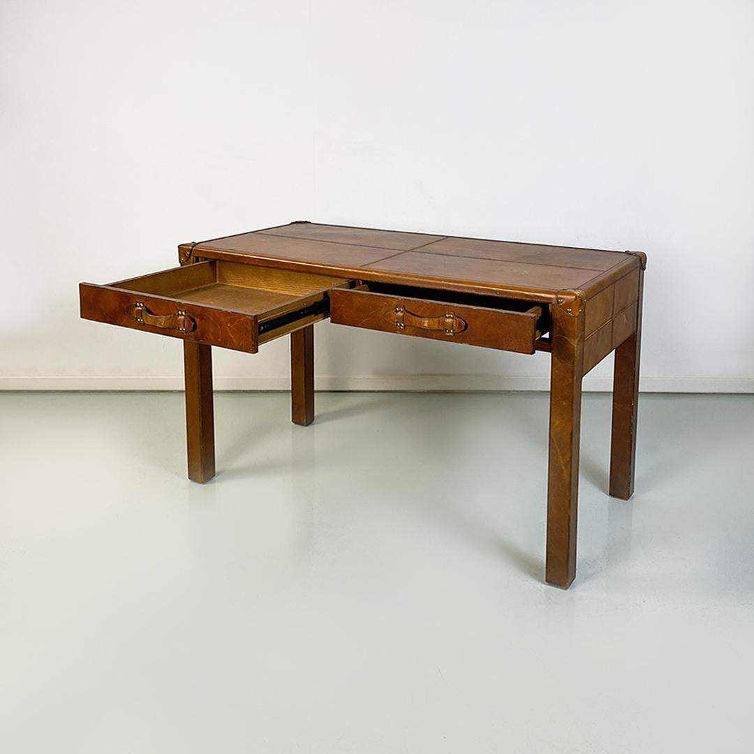 Italian Modern Wood and Leather Table Similar to the Leather Suitcases, 1970s 1