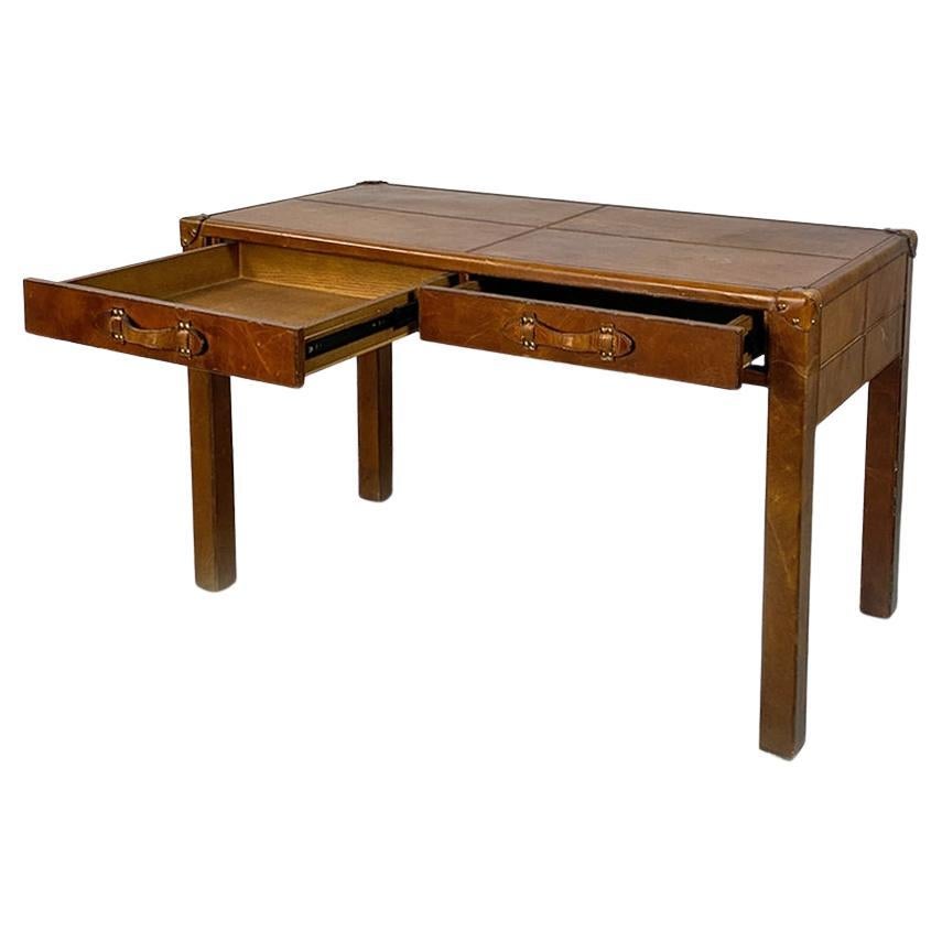 Italian Modern Wood and Leather Table Similar to the Leather Suitcases, 1970s