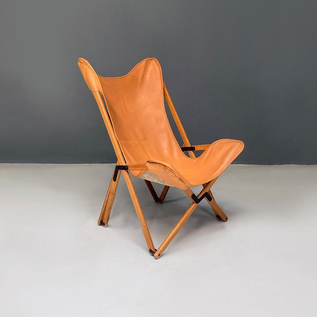 Italian Modern Wood and Leather Tripolina Folding Deck Chair by Citterio, 1970s In Good Condition For Sale In MIlano, IT