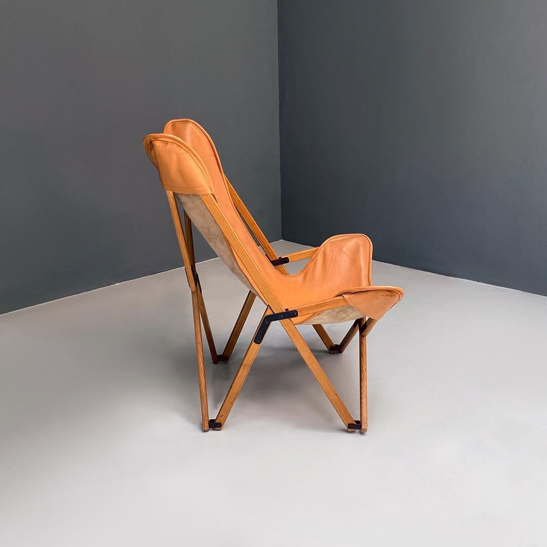 Late 20th Century Italian Modern Wood and Leather Tripolina Folding Deck Chair by Citterio, 1970s For Sale