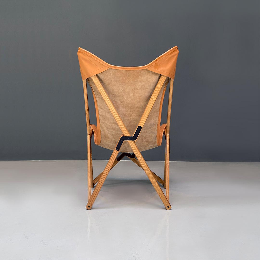 Metal Italian Modern Wood and Leather Tripolina Folding Deck Chair by Citterio, 1970s For Sale