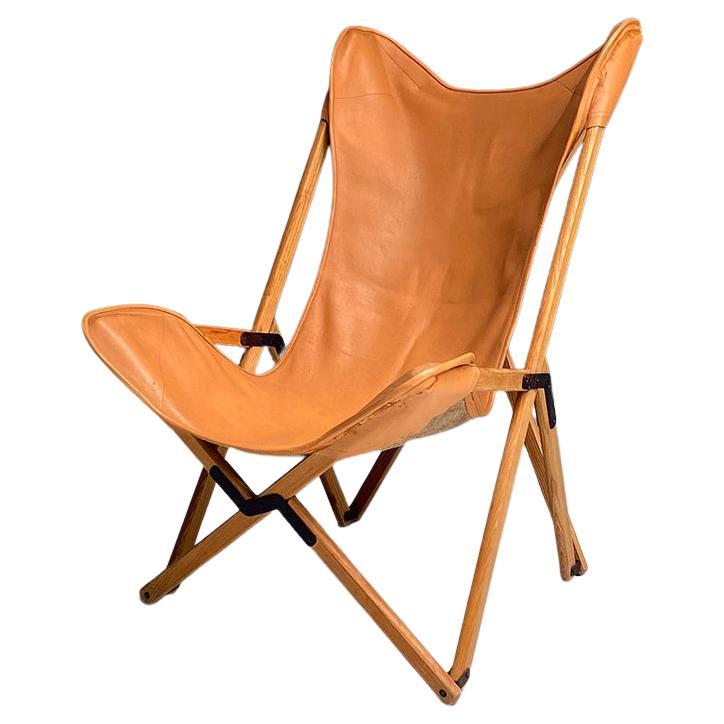 Italian Modern Wood and Leather Tripolina Folding Deck Chair by Citterio, 1970s For Sale