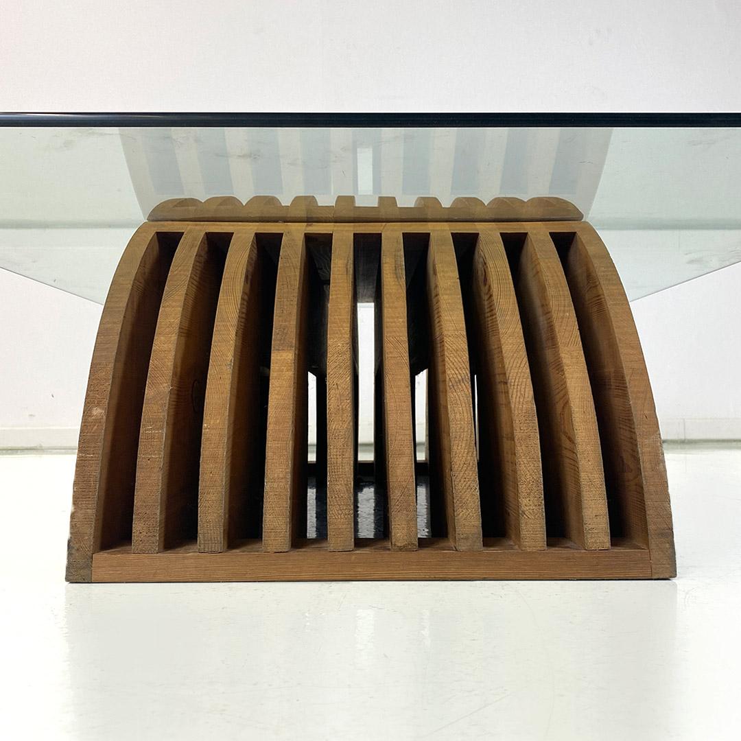 Italian Modern Wood Base Glass Top Coffee Table, Mario Ceroli, Poltronova 1970s For Sale 8