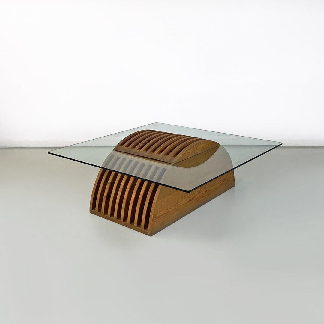 Italian Modern Wood Base Glass Top Coffee Table, Mario Ceroli, Poltronova 1970s In Good Condition For Sale In MIlano, IT