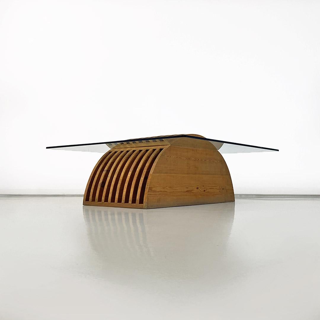 Late 20th Century Italian Modern Wood Base Glass Top Coffee Table, Mario Ceroli, Poltronova 1970s For Sale