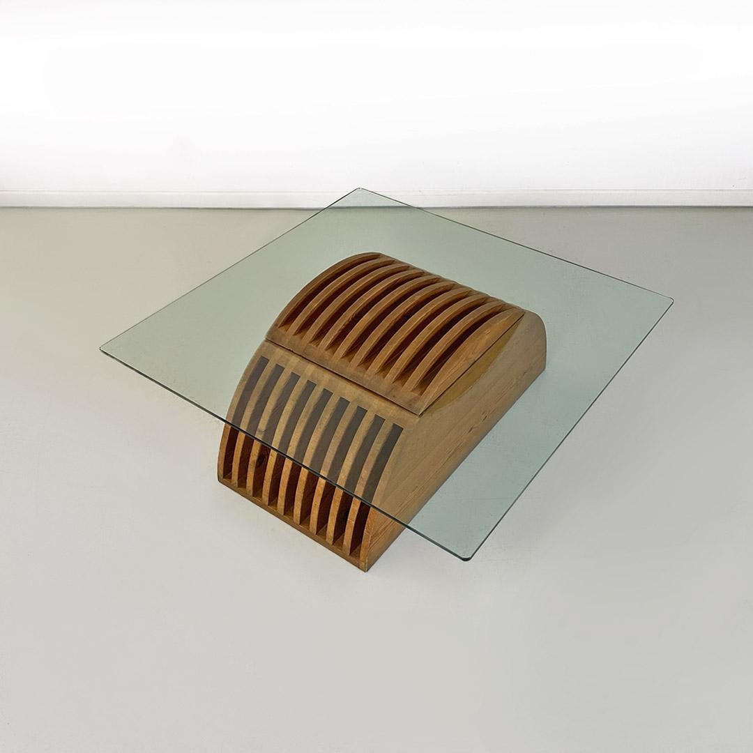 Italian Modern Wood Base Glass Top Coffee Table, Mario Ceroli, Poltronova 1970s For Sale 1