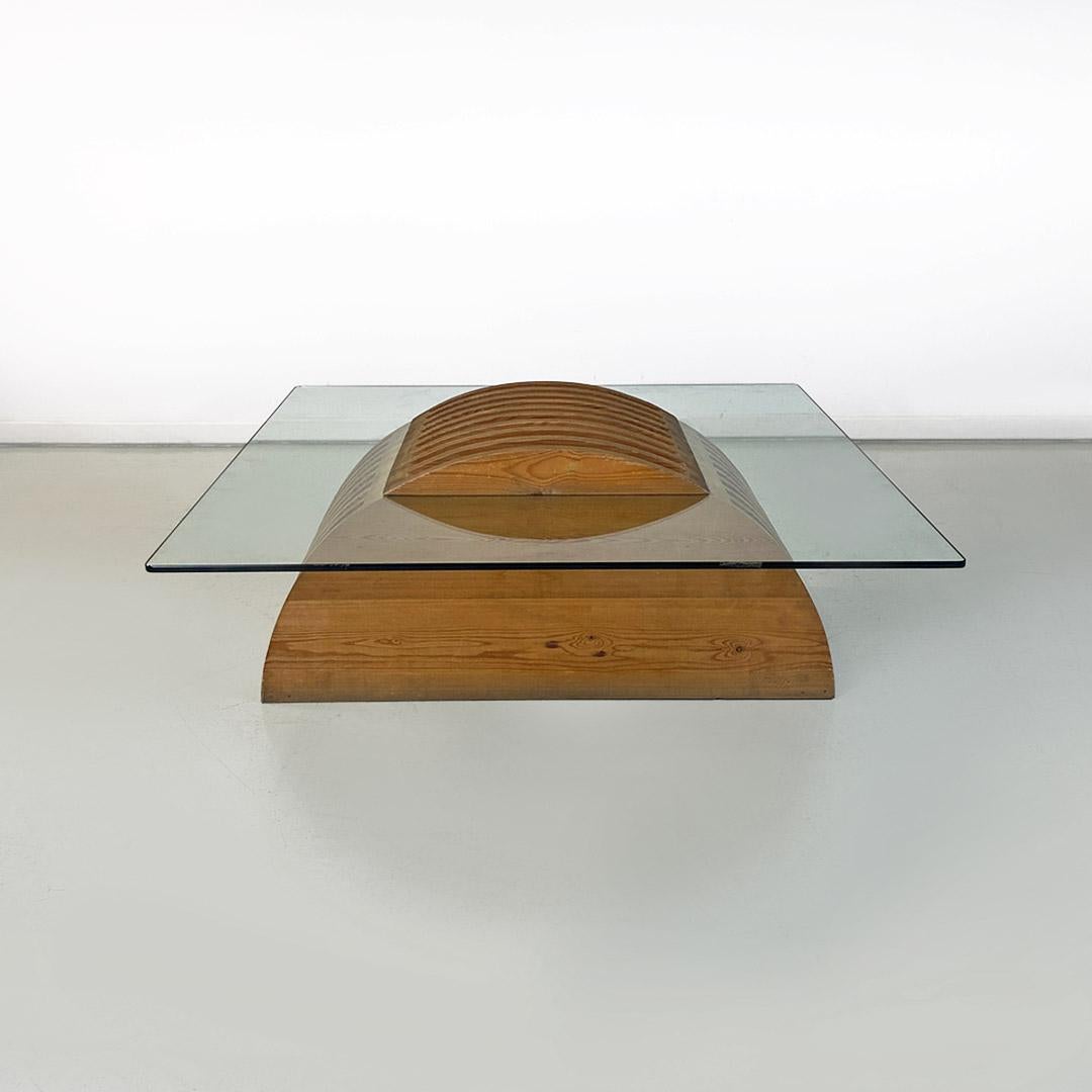Italian Modern Wood Base Glass Top Coffee Table, Mario Ceroli, Poltronova 1970s For Sale 2