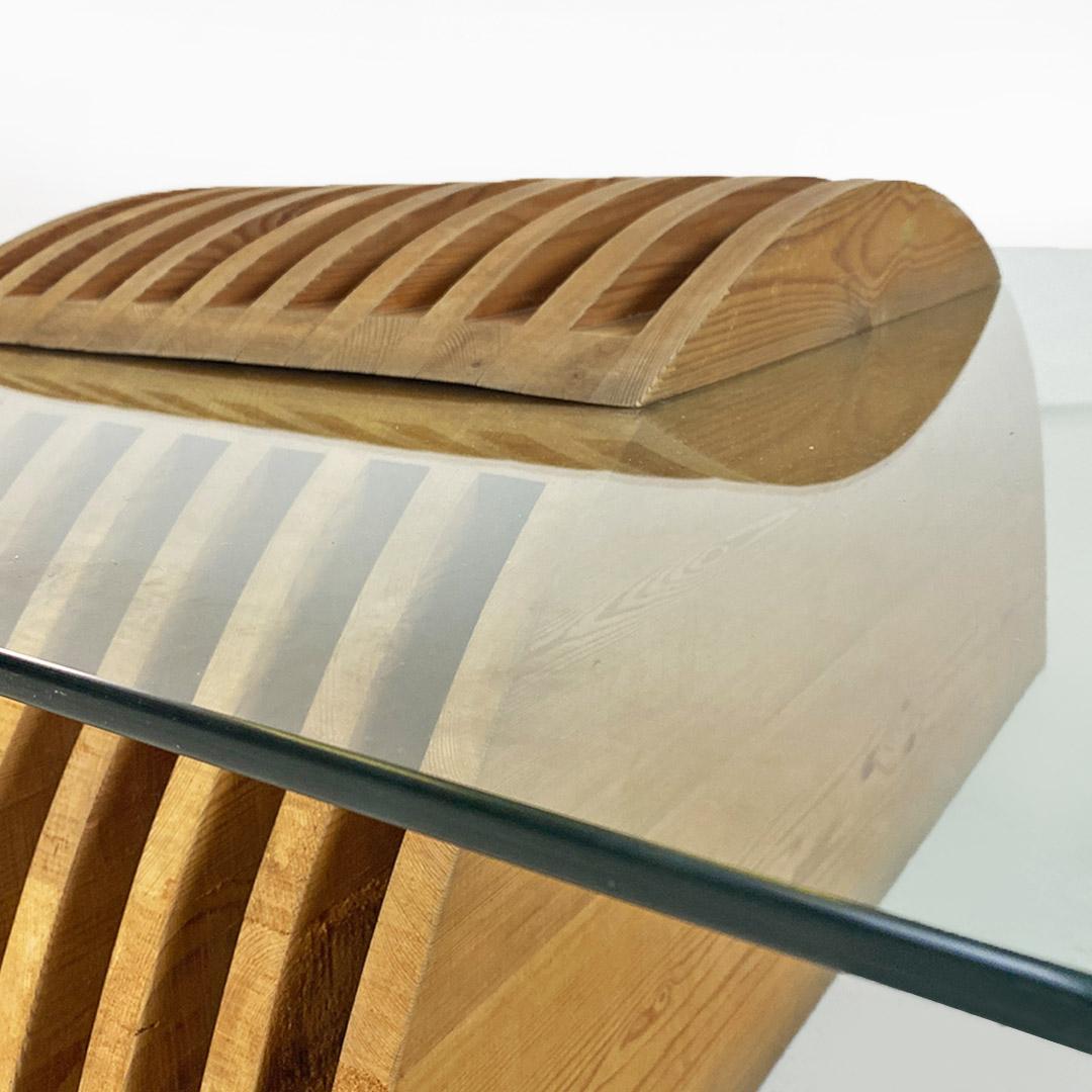 Italian Modern Wood Base Glass Top Coffee Table, Mario Ceroli, Poltronova 1970s For Sale 4