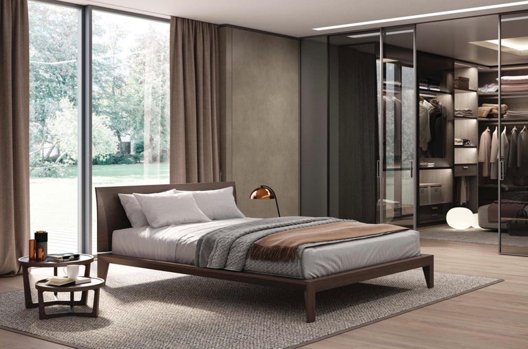 Italian Modern Wood Bed Handmade and Designed in Italy, Wood or Leather