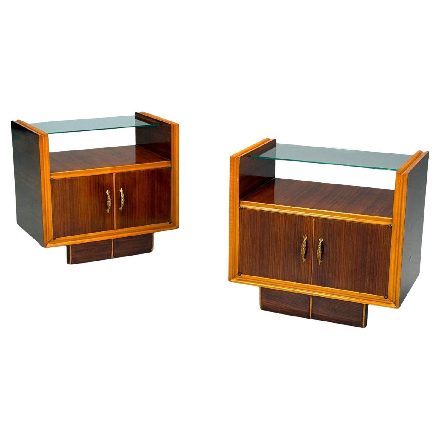 Comodini moderni italiani, Wood, ottone, vetro, Italia, anni '50