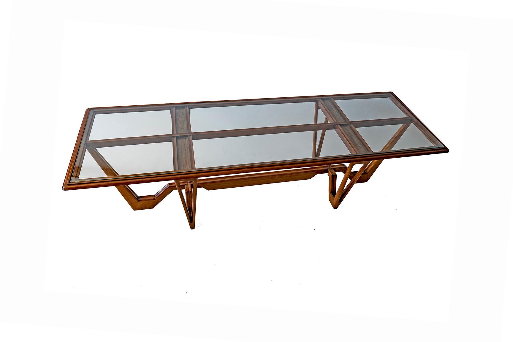 Italian glass and wood coffee table of architectural form.
