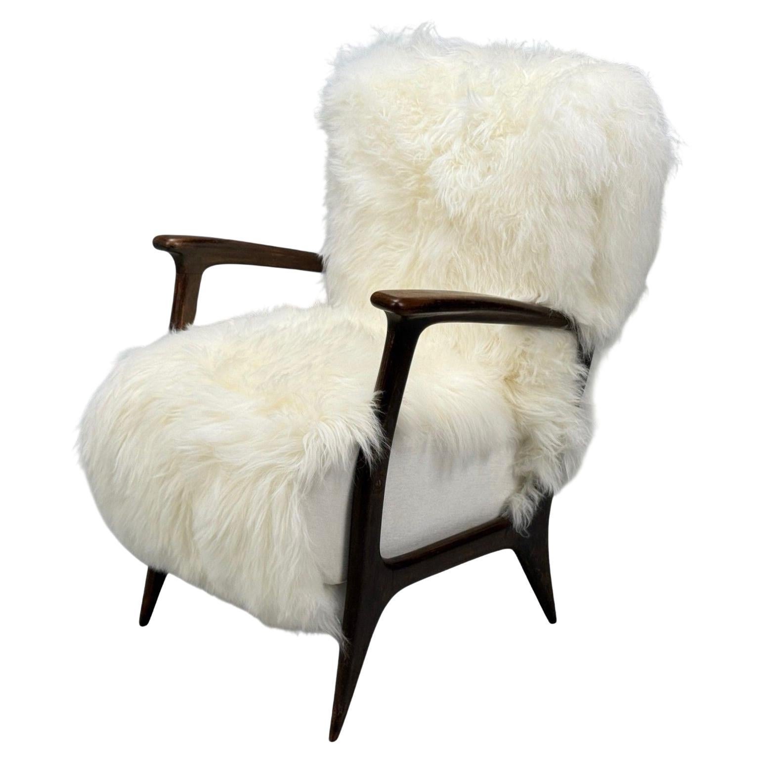Silla de salón moderna italiana, madera, piel blanca, años 50