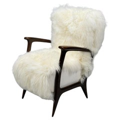 Italian Modern, Wood, White Shearling, Lounge Chair, 1950s