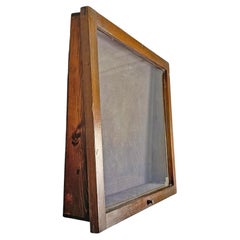 Vintage Italian modern wooden and glass wall display case with violet velvet paper 1980s