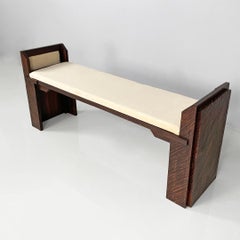 Italian modern wooden and ivory fabric bench, 1980s