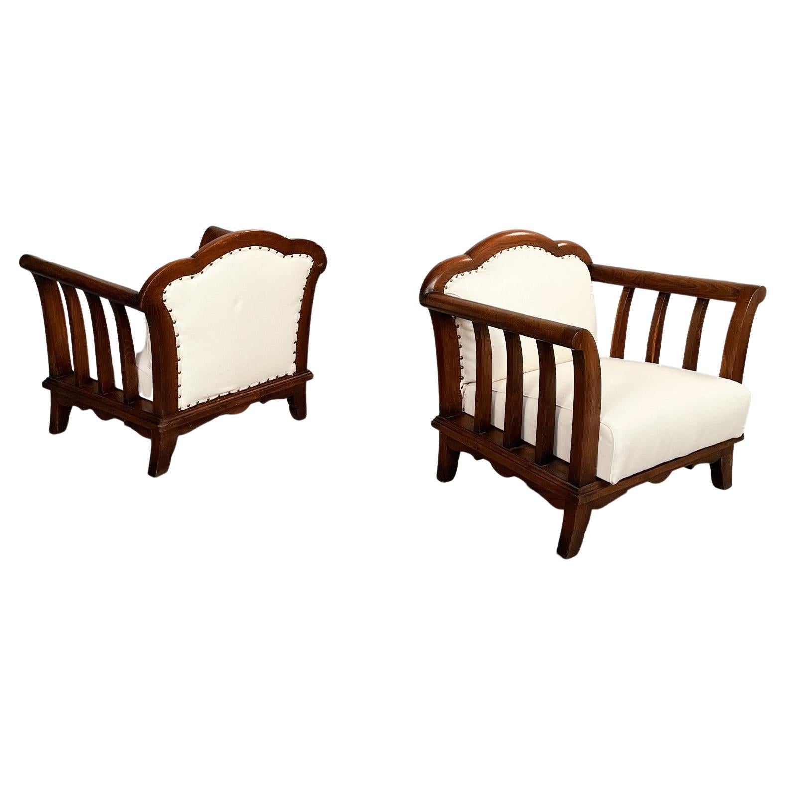 Italian Modern Wooden Armchairs with White Fabric, 1940s For Sale