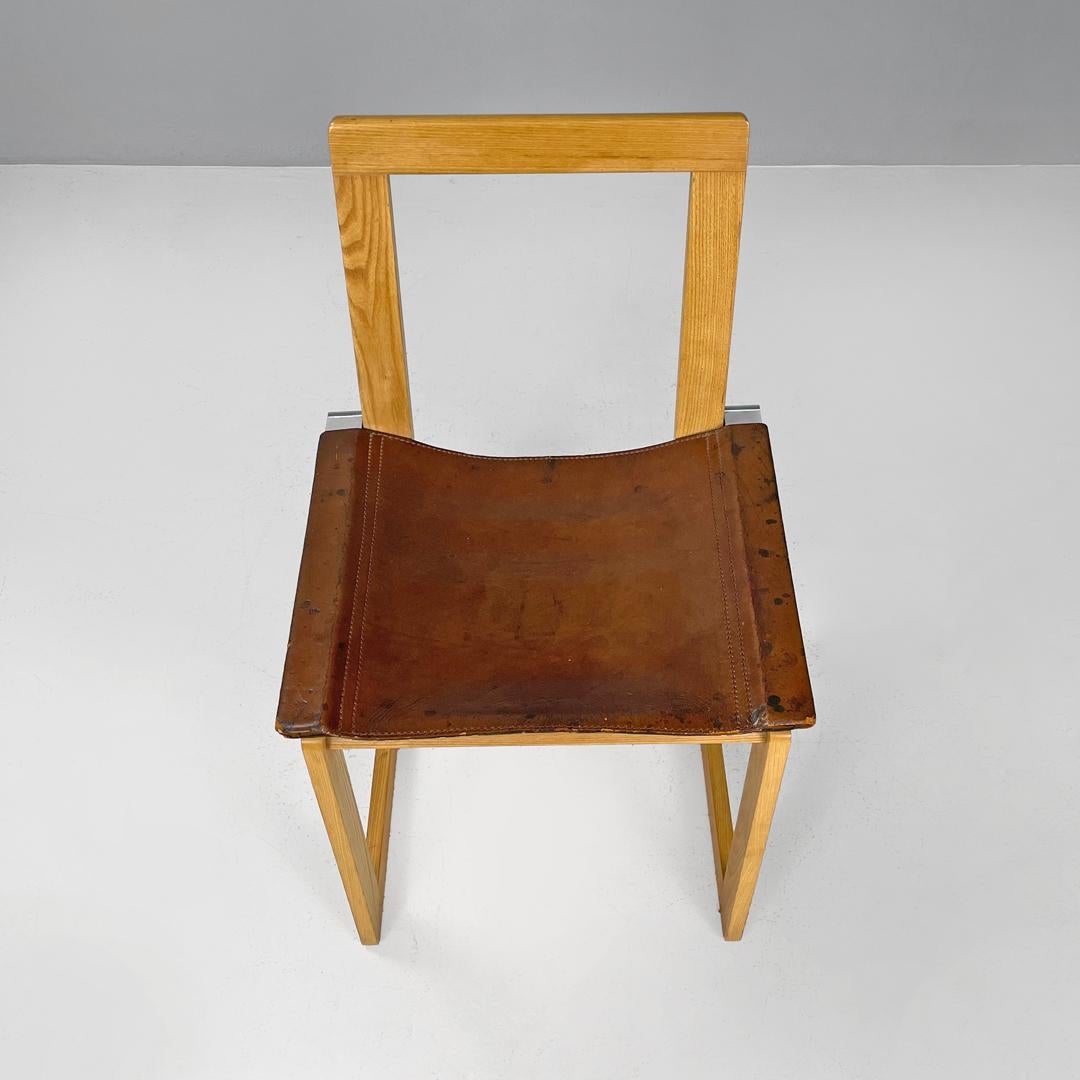 Italian modern wooden chairs with brown leather seating, 1970s For Sale 1