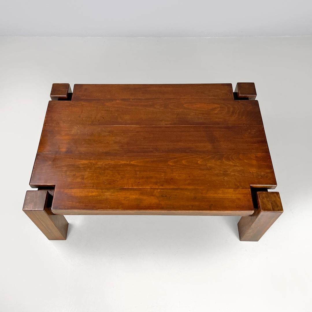 Late 20th Century Italian modern wooden coffee table with geometric lines and squared legs, 1970s For Sale