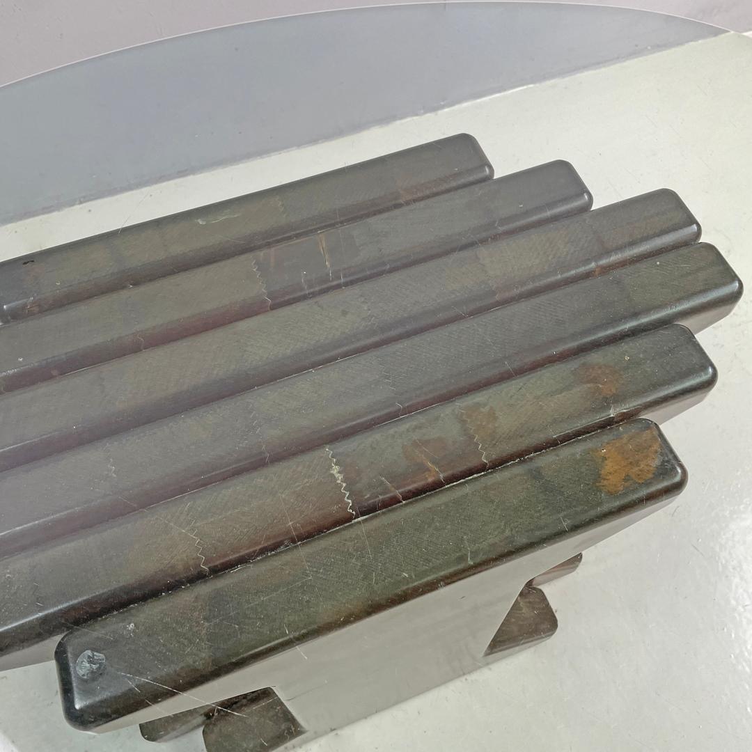 Italian modern wooden coffee table with geometrical base and glass top, 1970s in vendita 6