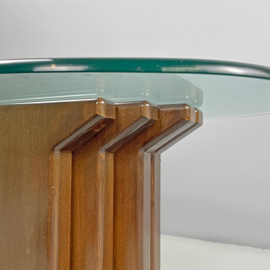 Italian modern wooden coffee table with geometrical base and glass top, 1970s in vendita 7