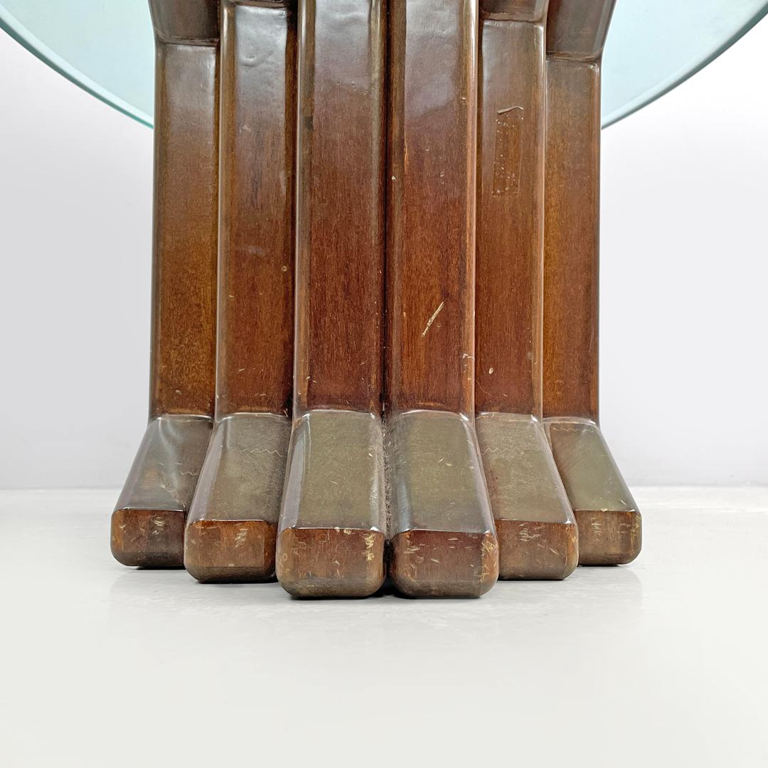 Italian modern wooden coffee table with geometrical base and glass top, 1970s in vendita 8