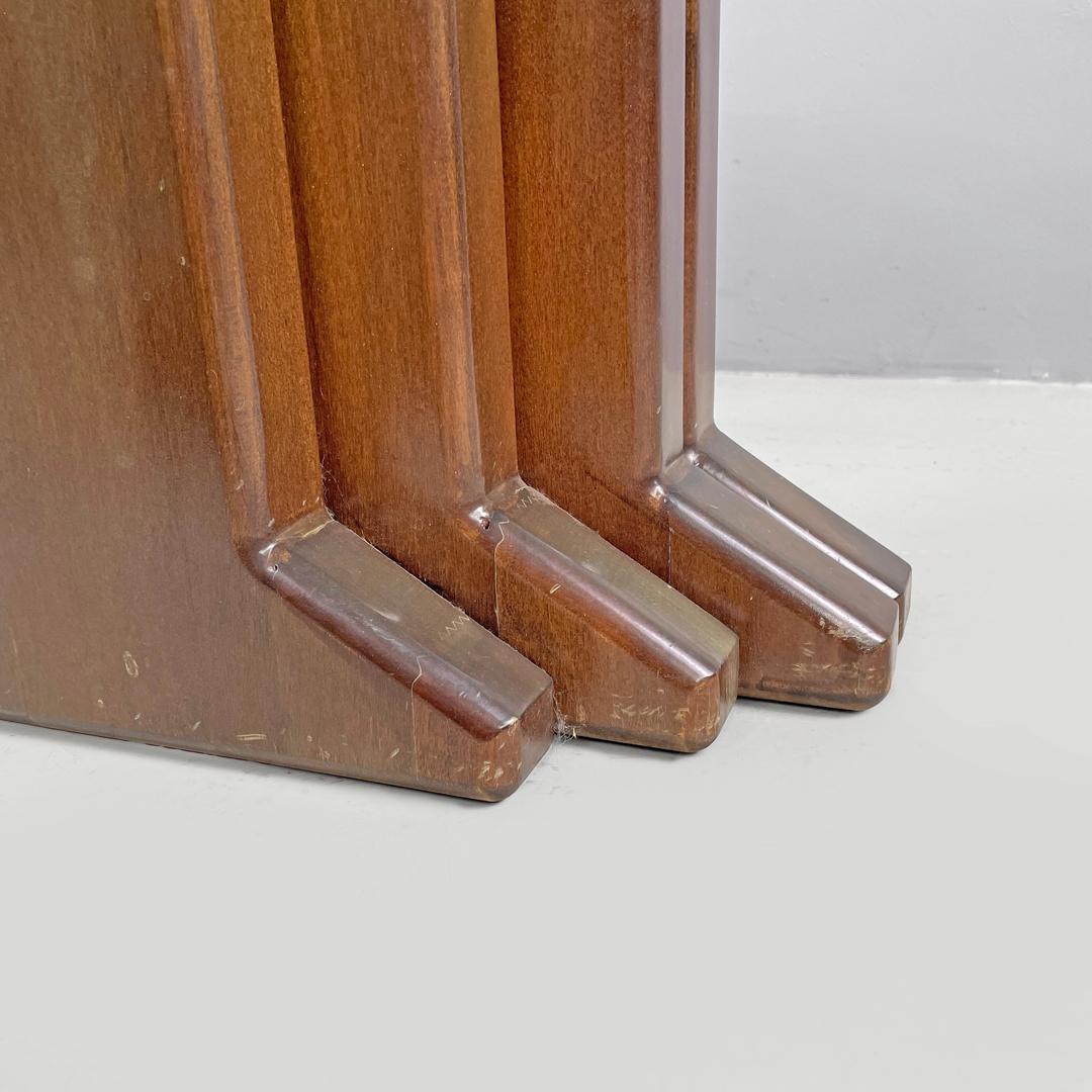 Italian modern wooden coffee table with geometrical base and glass top, 1970s in vendita 9