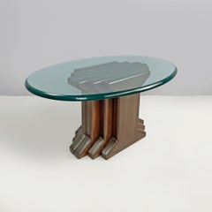 Italian modern wooden coffee table with geometrical base and glass top, 1970s