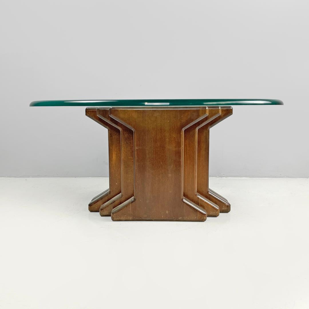 Moderno Italian modern wooden coffee table with geometrical base and glass top, 1970s in vendita
