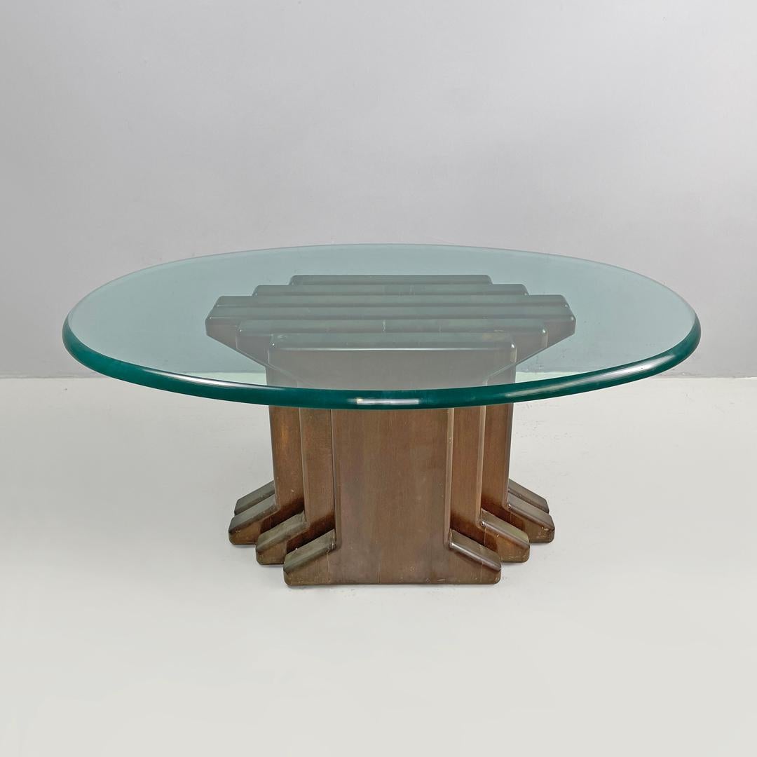 Late 20th Century Italian modern wooden coffee table with geometrical base and glass top, 1970s in vendita