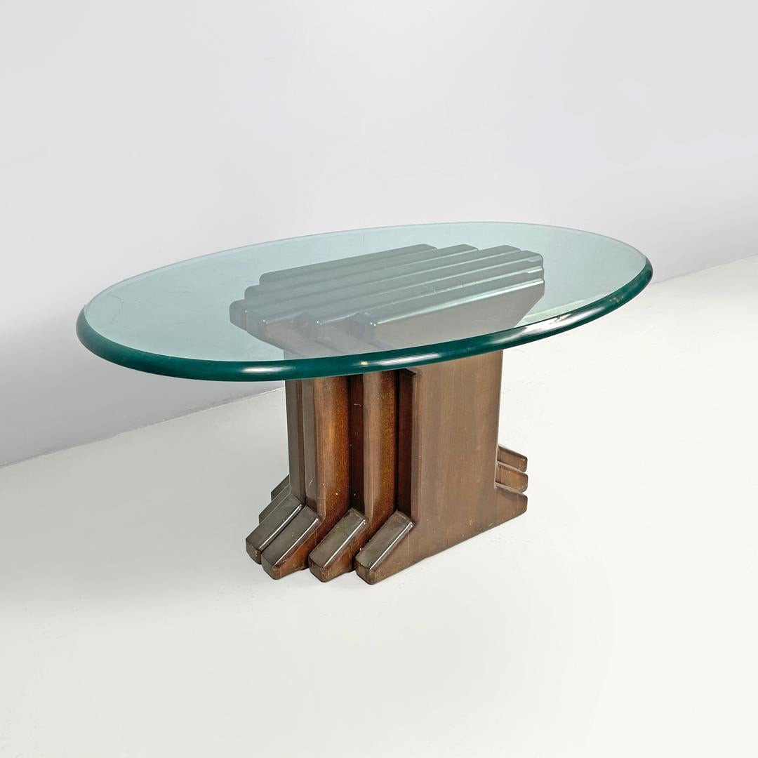 Vetro Italian modern wooden coffee table with geometrical base and glass top, 1970s in vendita