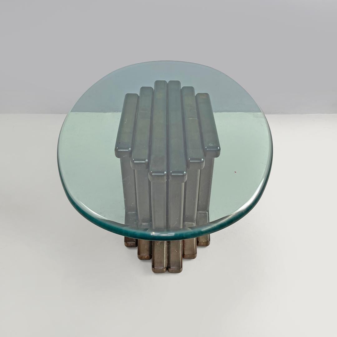 Italian modern wooden coffee table with geometrical base and glass top, 1970s in vendita 1
