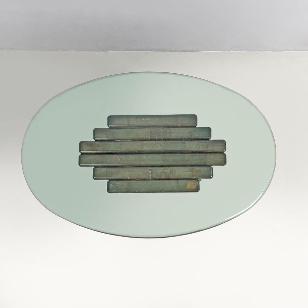 Italian modern wooden coffee table with geometrical base and glass top, 1970s in vendita 3