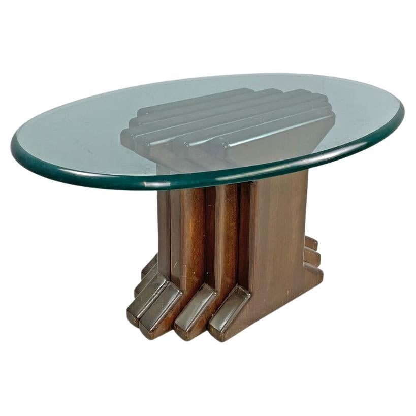 Moderner italienischer Couchtisch aus Holz mit geometrischem Sockel und Glasplatte, 1970er Jahre