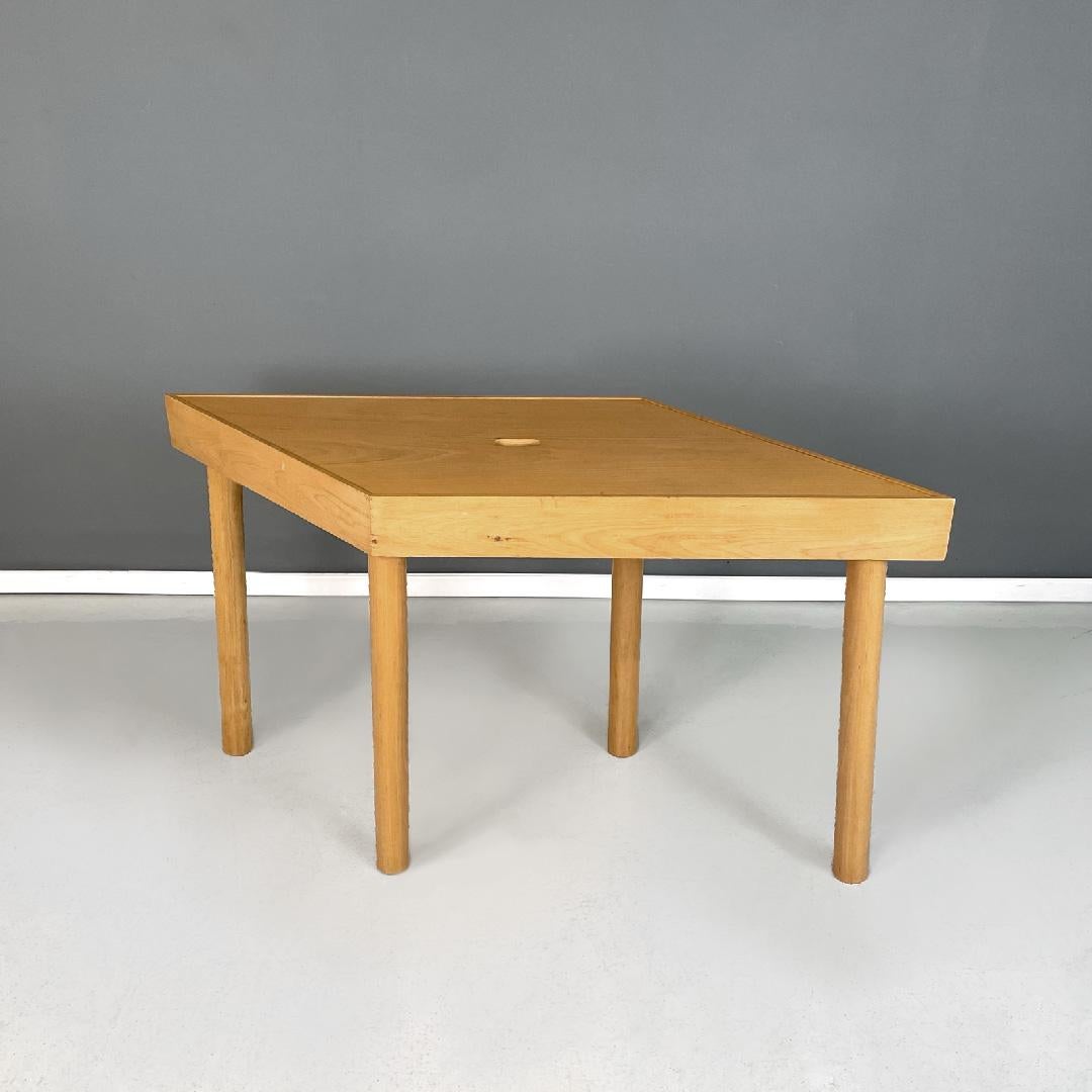 Italian modern wooden trapezoidal table Tangram by Morozzi for Cassina, 1990
Dining table with trapezoidal top in light wood. It has a hole in the central part of the top, which acts as a handle to be able to lift it and access the internal