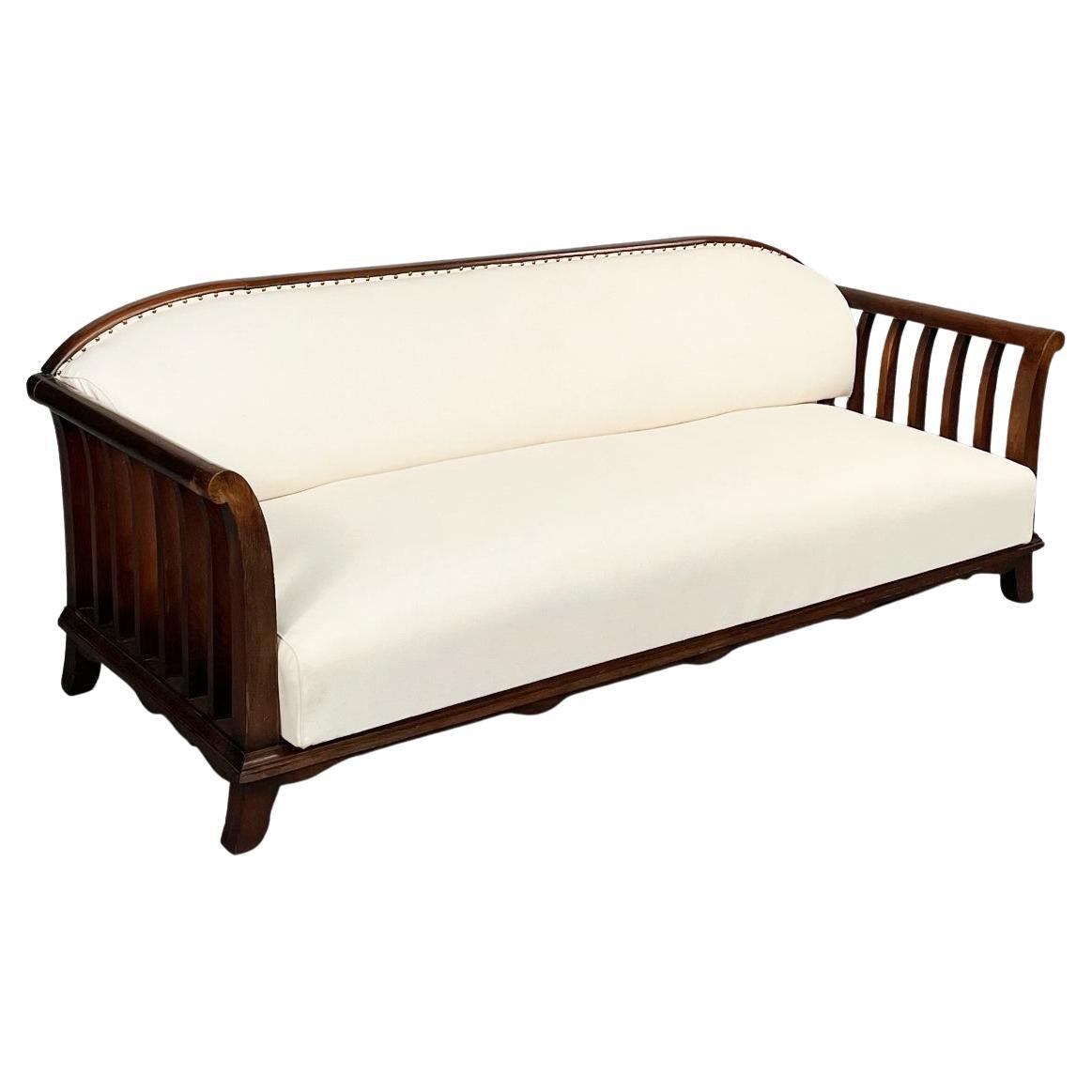 Italian Modern Wooden Sofa with White Fabric, 1940s For Sale
