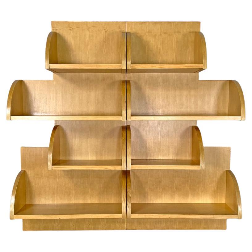 Dutch modern wood wall bookcase by Derk Jan De Vries with rounded shelves, 1980s For Sale