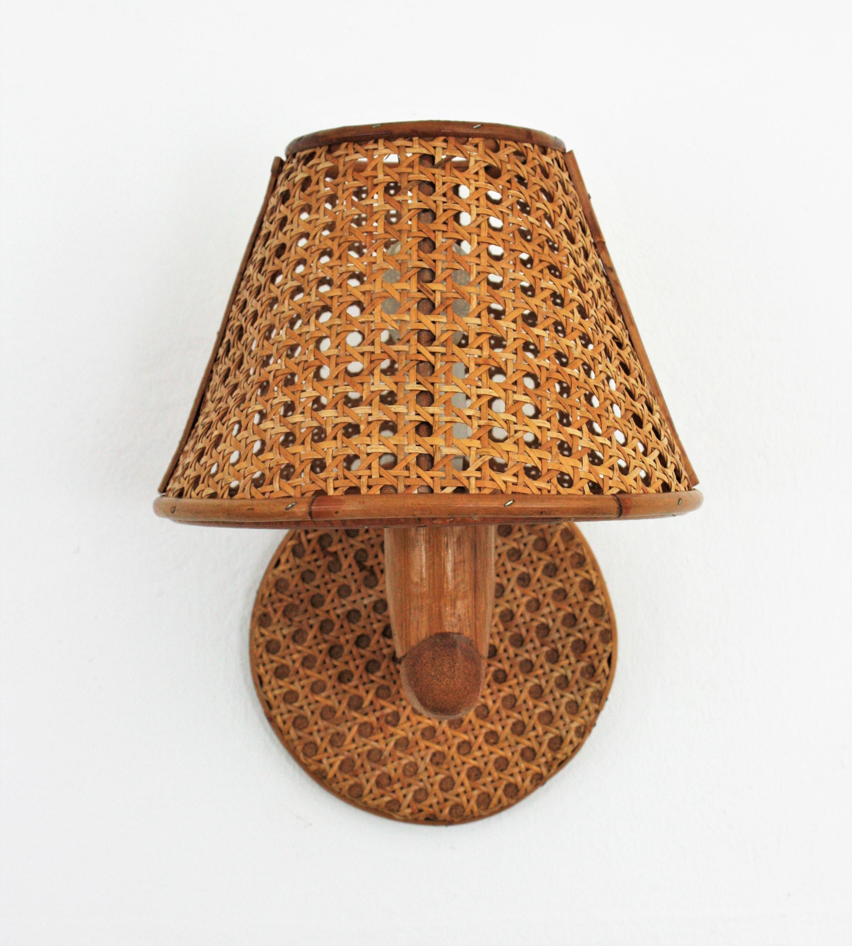 Italian Modern Woven Wicker Weave and Bamboo Wall Light with Shade 1