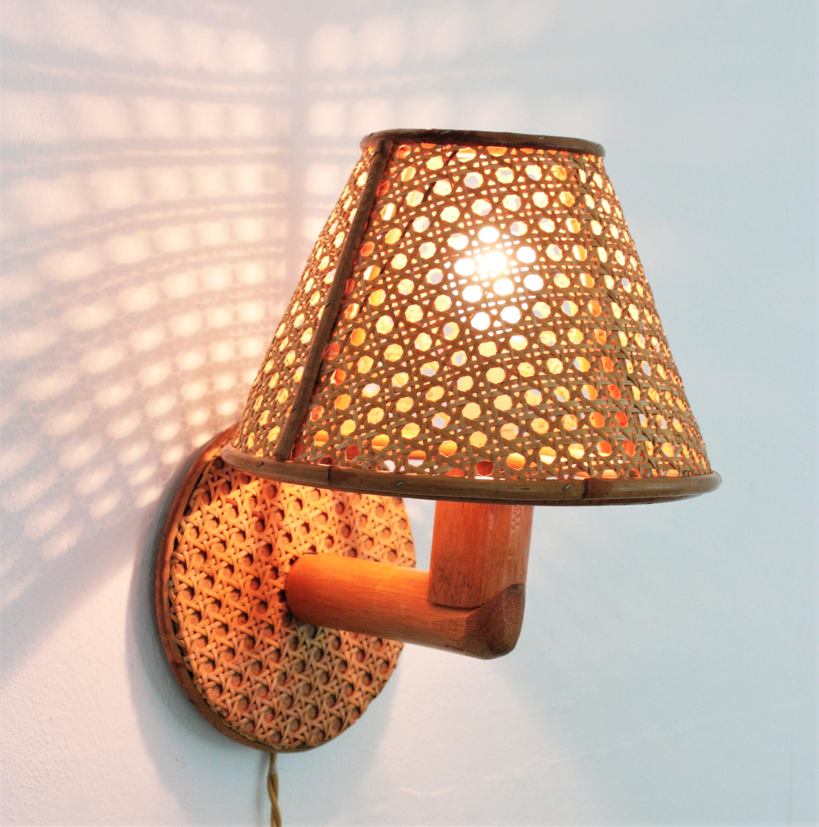 Italian Modern Woven Wicker Weave and Bamboo Wall Light with Shade 2