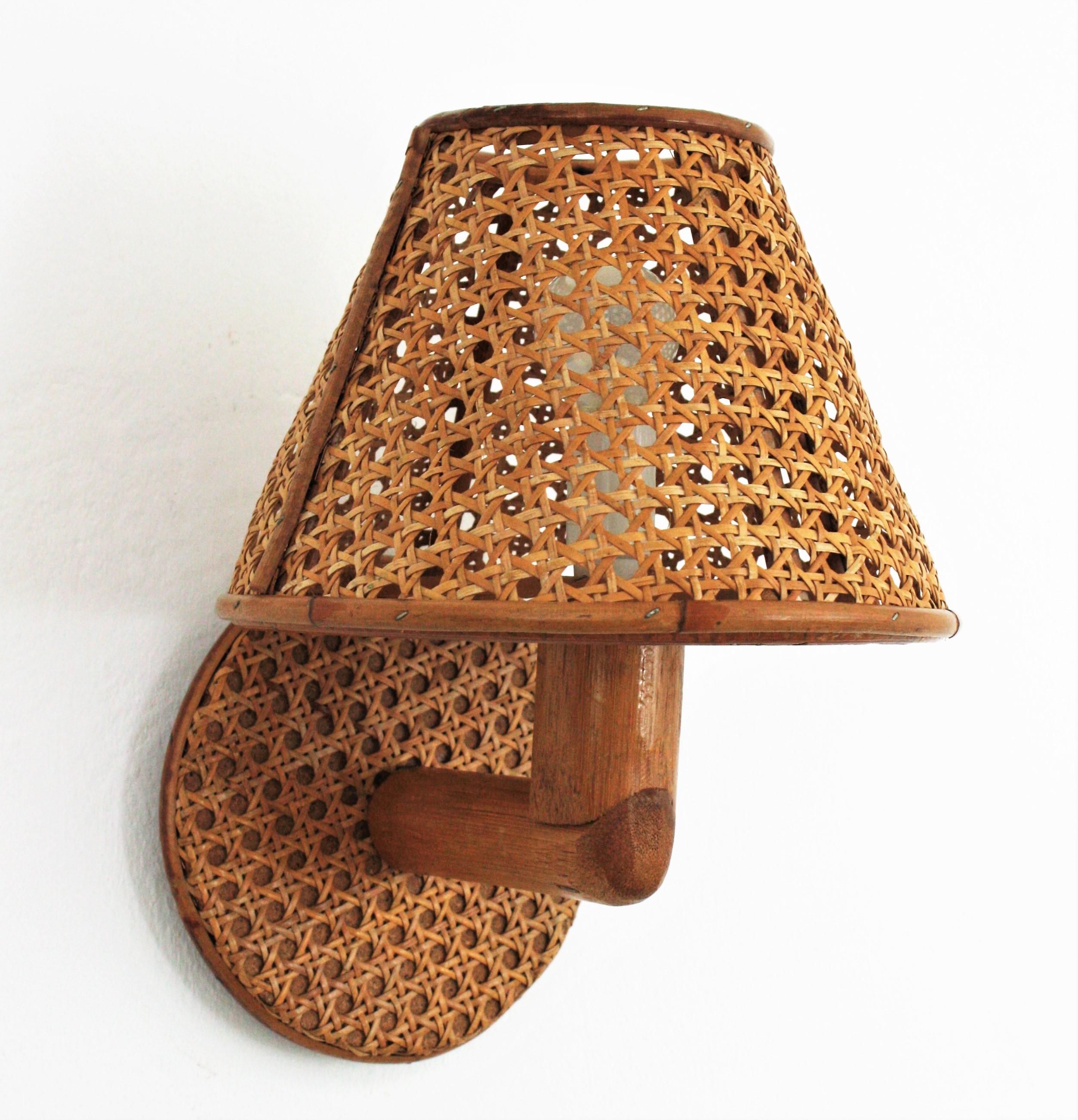 Italian Modern Woven Wicker Weave and Bamboo Wall Light with Shade 3