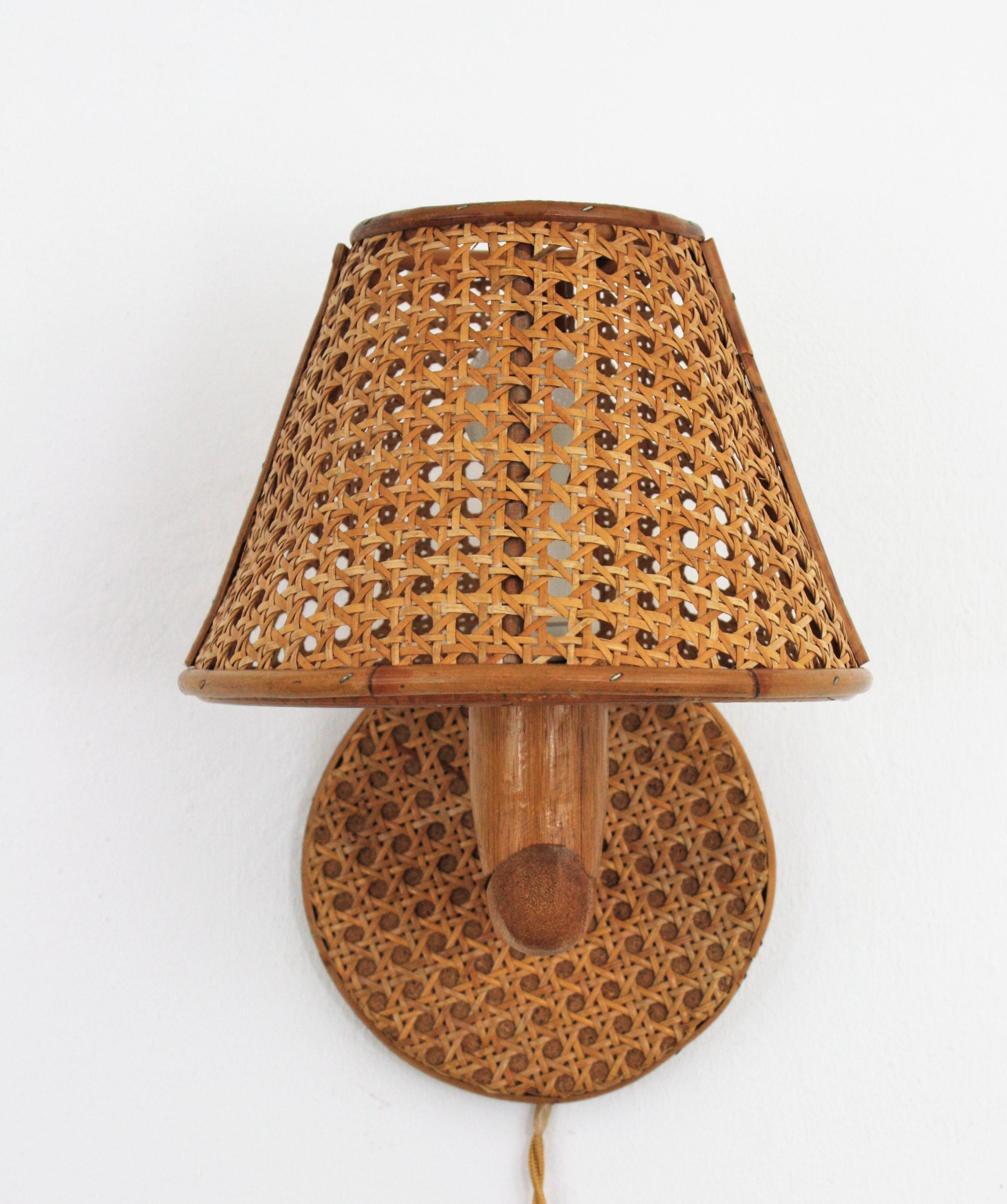 Italian Modern Woven Wicker Weave and Bamboo Wall Light with Shade 4