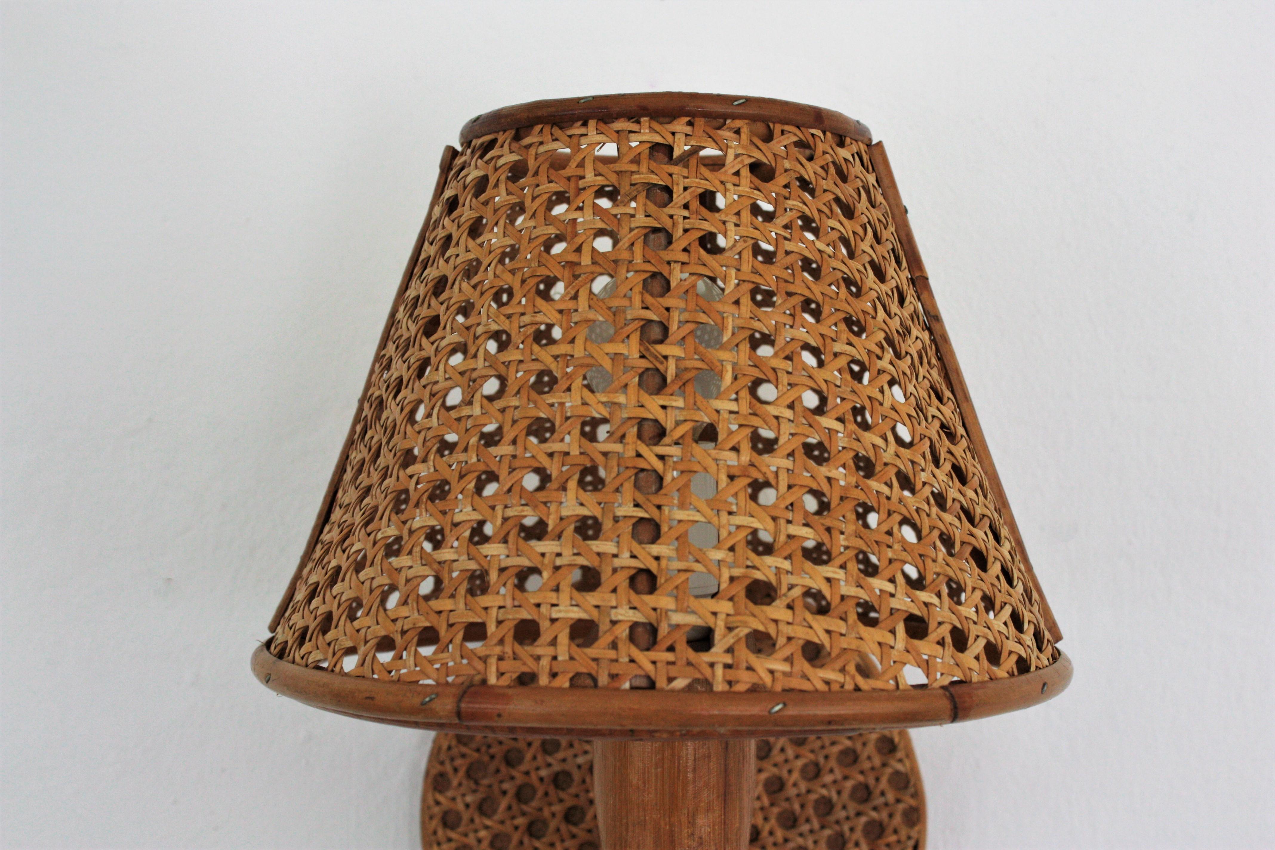 Mid-Century Modern Italian Modern Woven Wicker Weave and Bamboo Wall Light with Shade