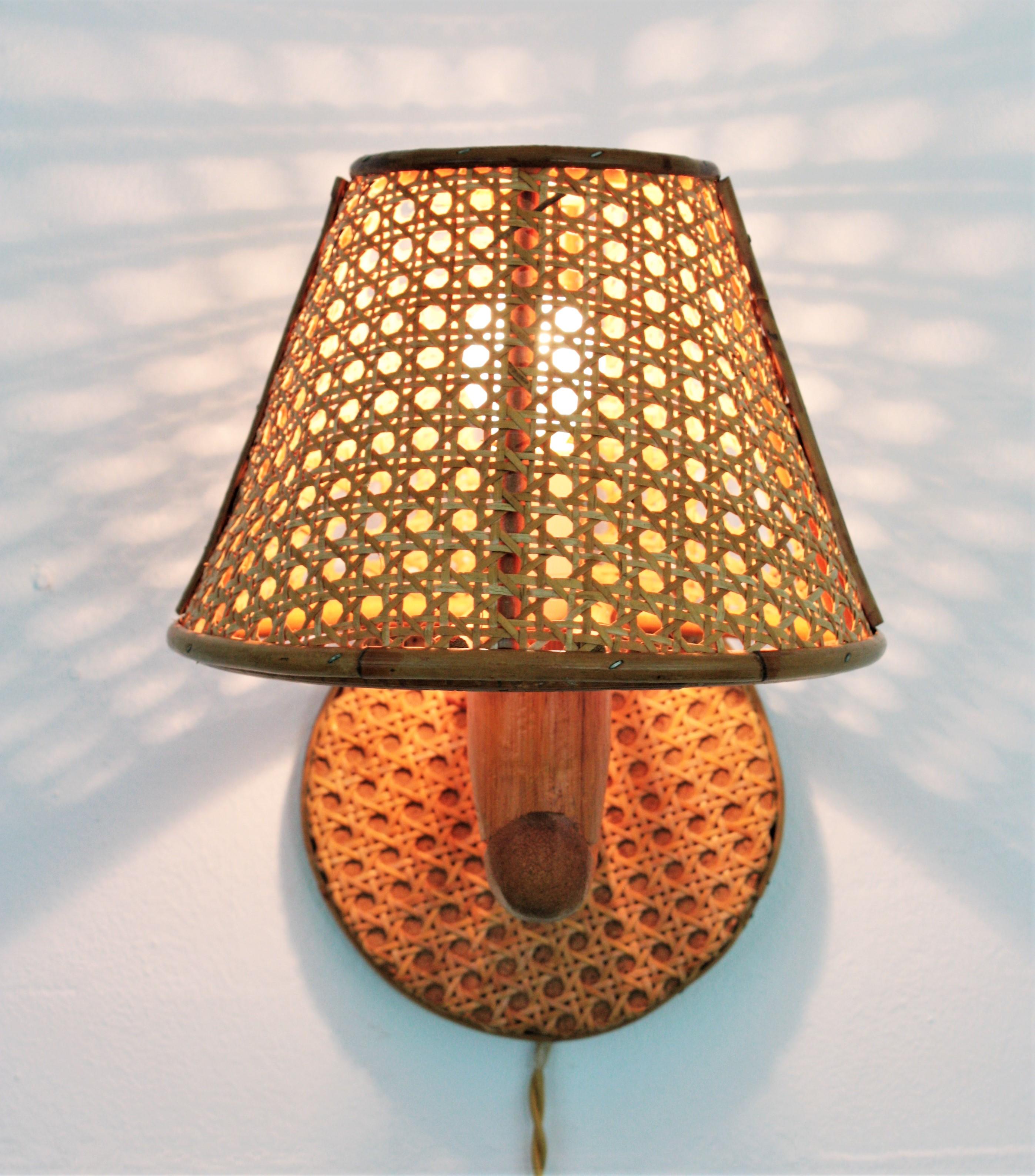 Rattan Italian Modern Woven Wicker Weave and Bamboo Wall Light with Shade