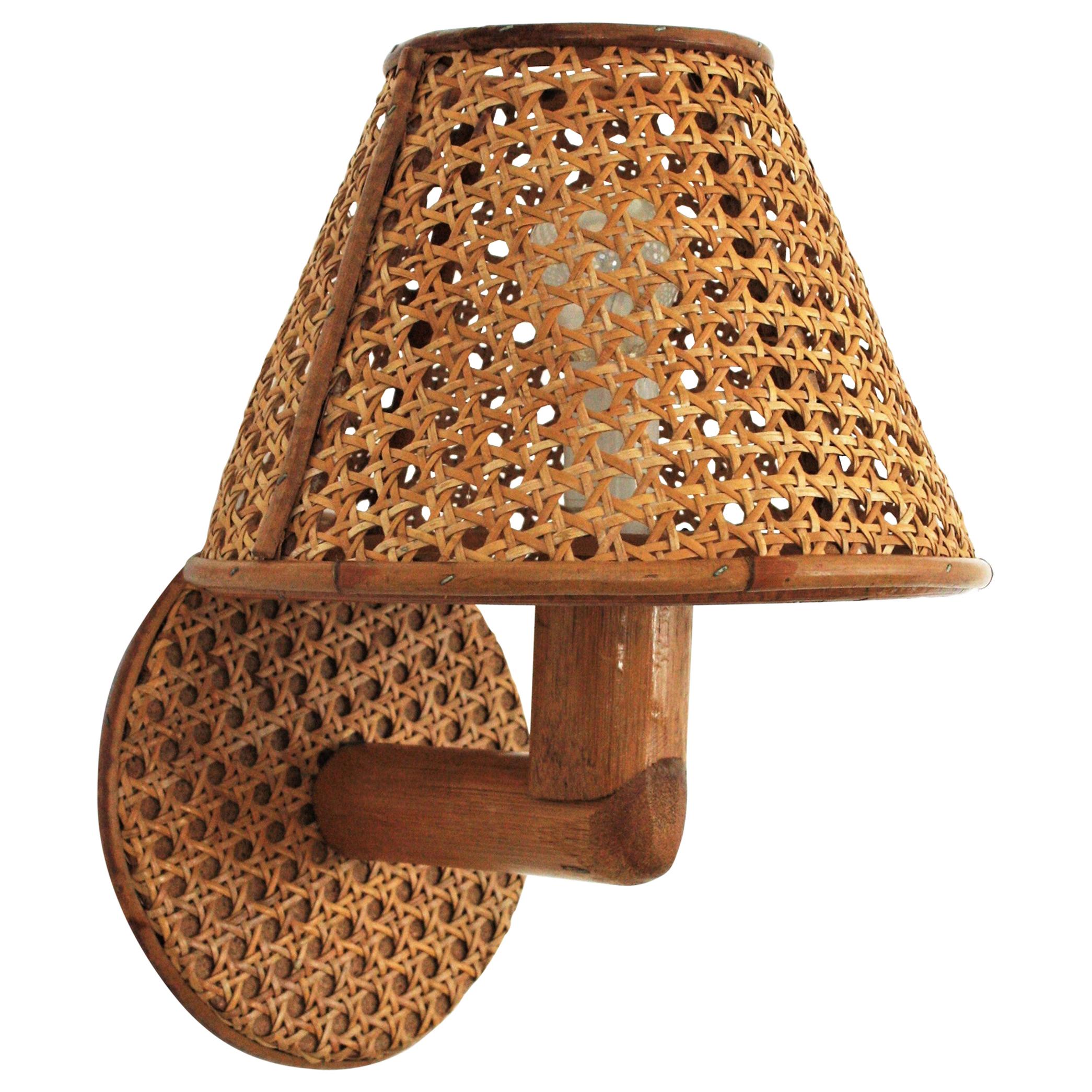 Italian Modern Woven Wicker Weave and Bamboo Wall Light with Shade