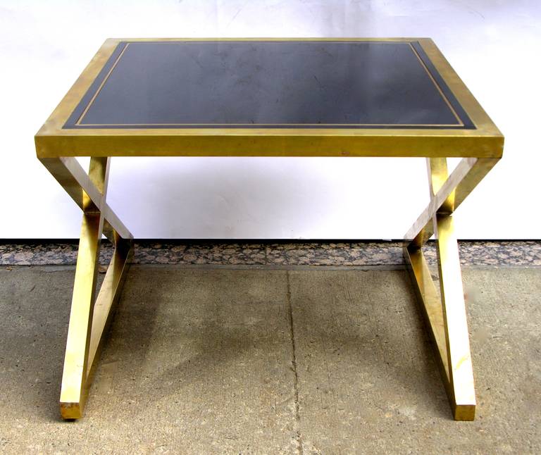 Contemporary Italian Modern X-Frame Handcrafted Brass and Black Glass Coffee Table