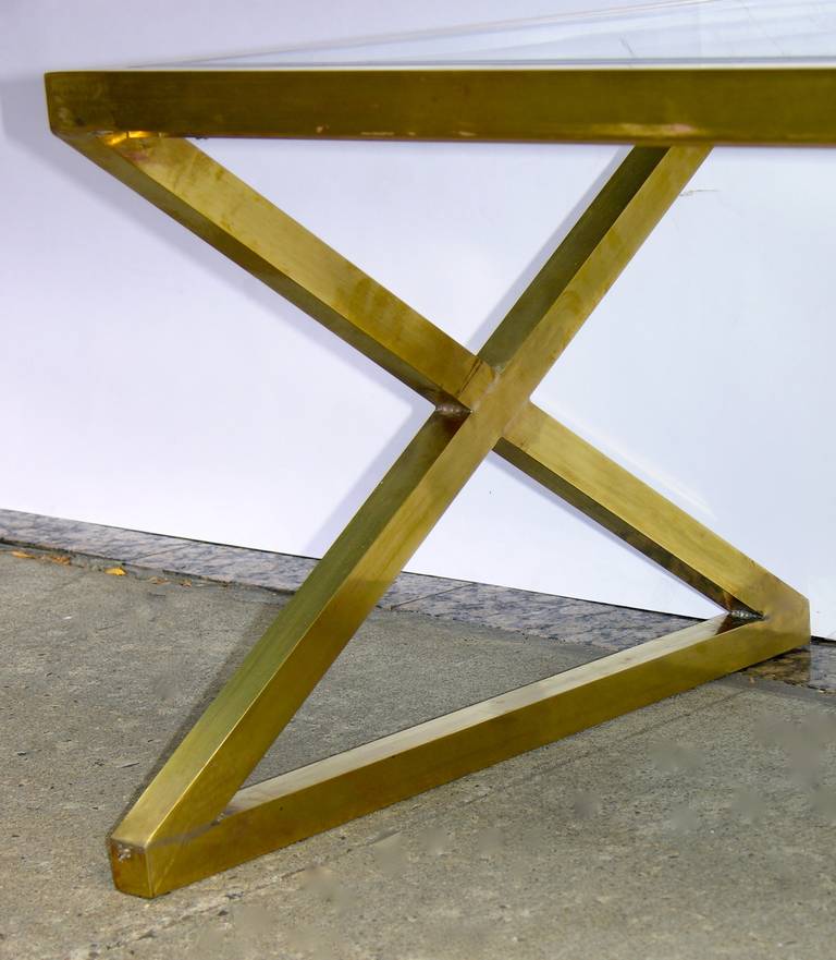 Hand-Crafted Italian Modern X-Frame Handcrafted Brass and Black Glass Coffee Table