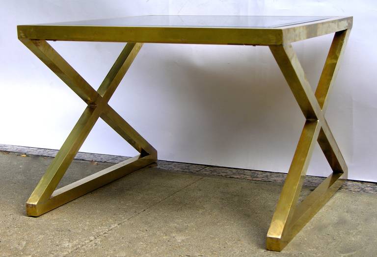 Italian Modern X-Frame Handcrafted Brass and Black Glass Coffee Table 4