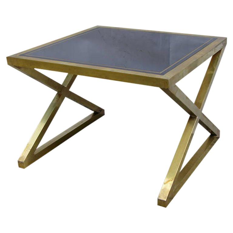 Italian Modern X-Frame Handcrafted Brass and Black Glass Coffee Table