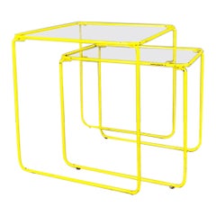 Italian modern yellow metal rod structure coffee tables with glass top, 1970s