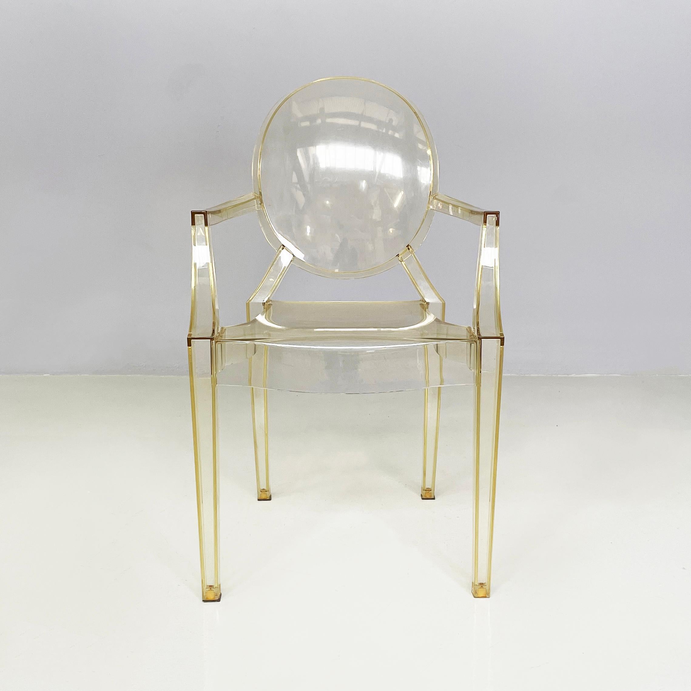 Italian modern Yellow-trasparent plastic chairs Louis Ghost by Philippe Starck for Kartell, 2000-2010s
Set of 4 chairs mod. Louis Ghost entirely in transparent-yellow plastic. The backrest is oval while the seat is square. The armrests curve