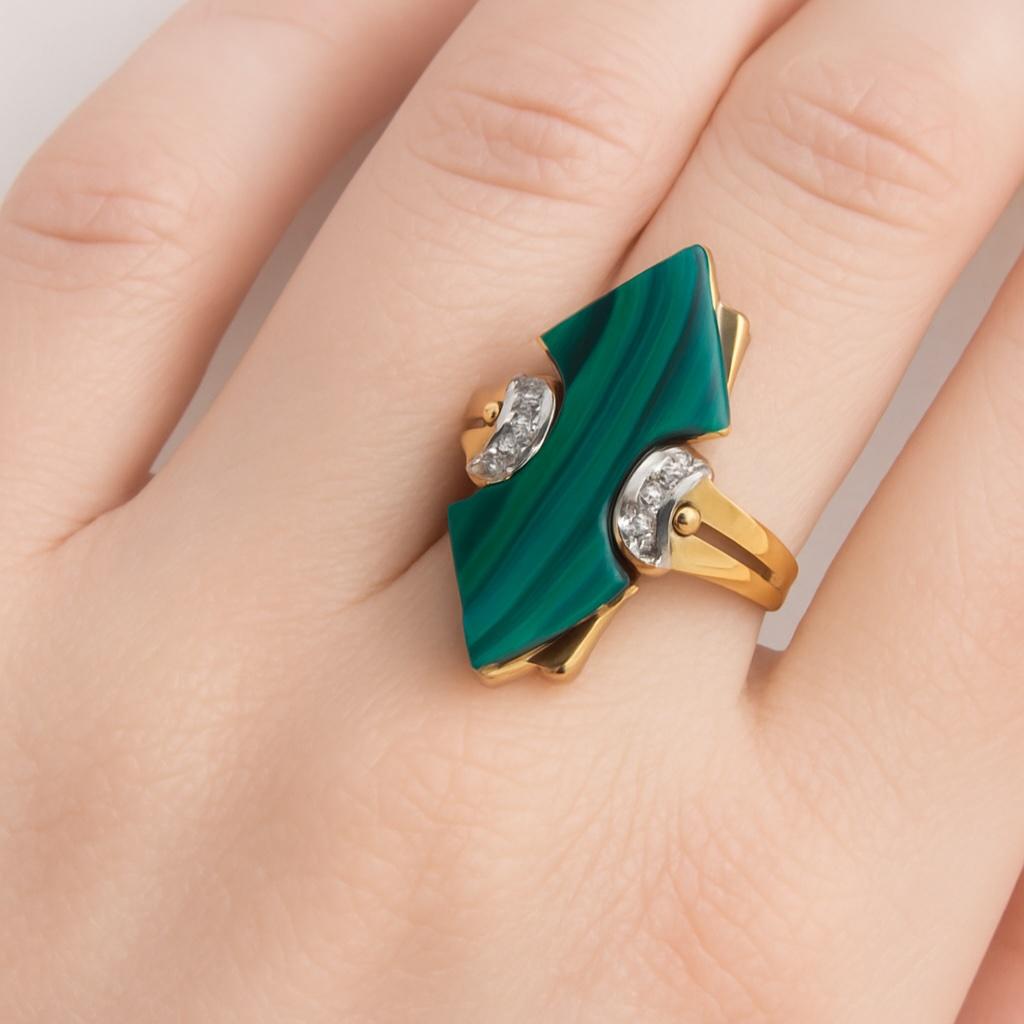 Bague sculpturale italienne en or 14K avec malachite et diamant signée TJ en vente 8